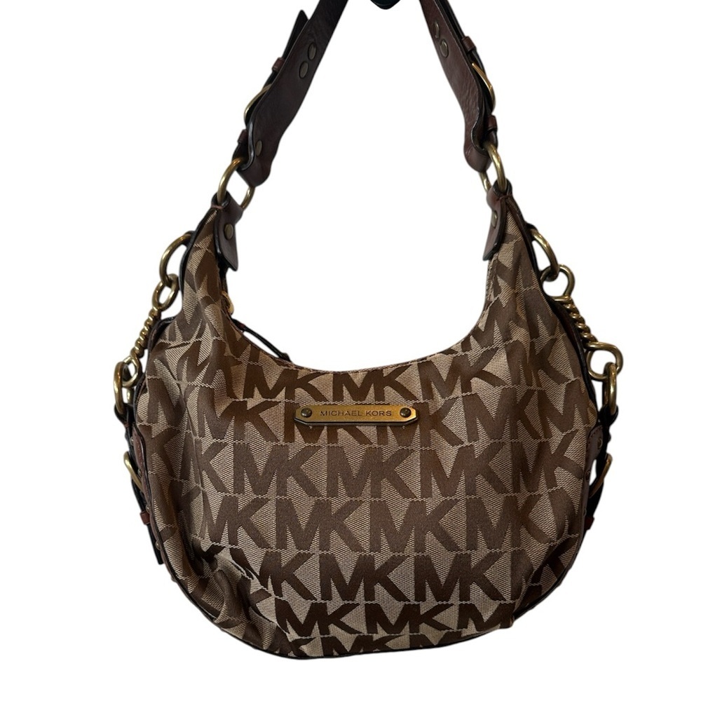Michael Kors Brown Signature MK Hobo Bag mini purse leather buckle